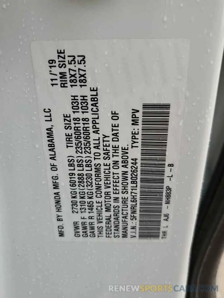 13 Photograph of a damaged car 5FNRL6H71LB026244 HONDA All Models 2020