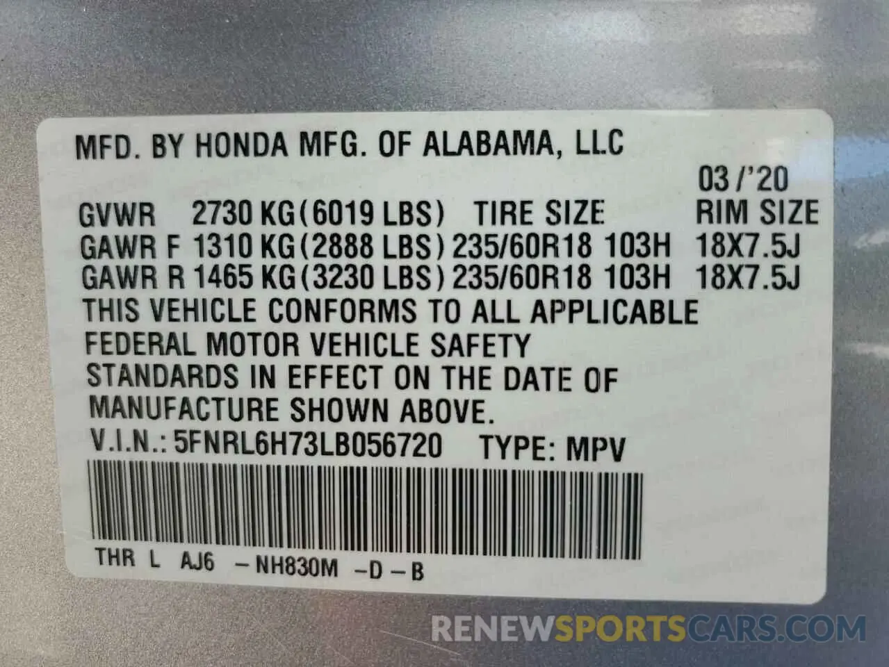 13 Фотография поврежденного автомобиля 5FNRL6H73LB056720 HONDA All Models 2020