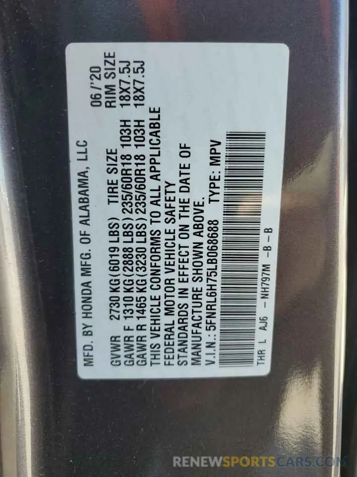 13 Фотография поврежденного автомобиля 5FNRL6H75LB068688 HONDA All Models 2020