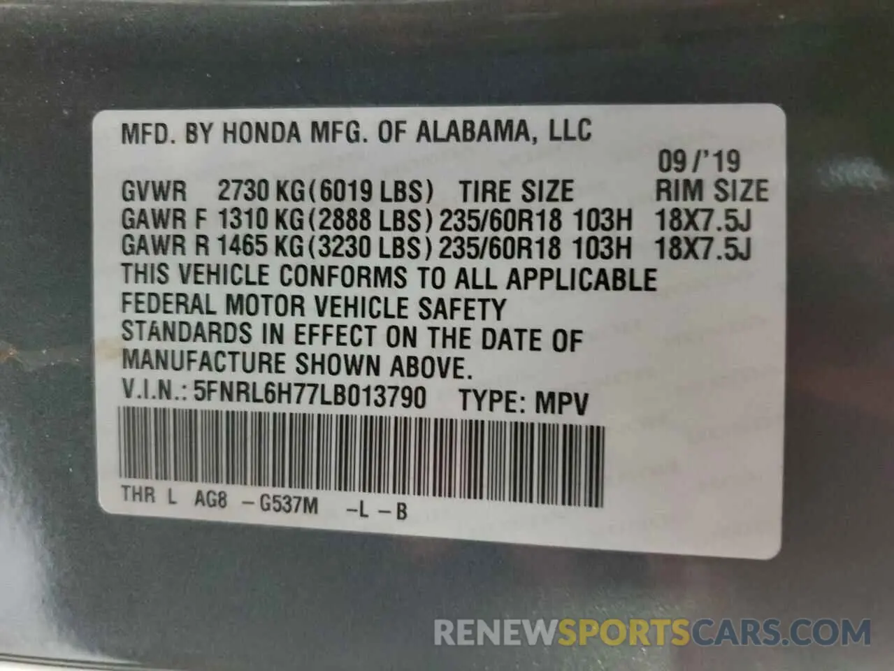 13 Photograph of a damaged car 5FNRL6H77LB013790 HONDA All Models 2020