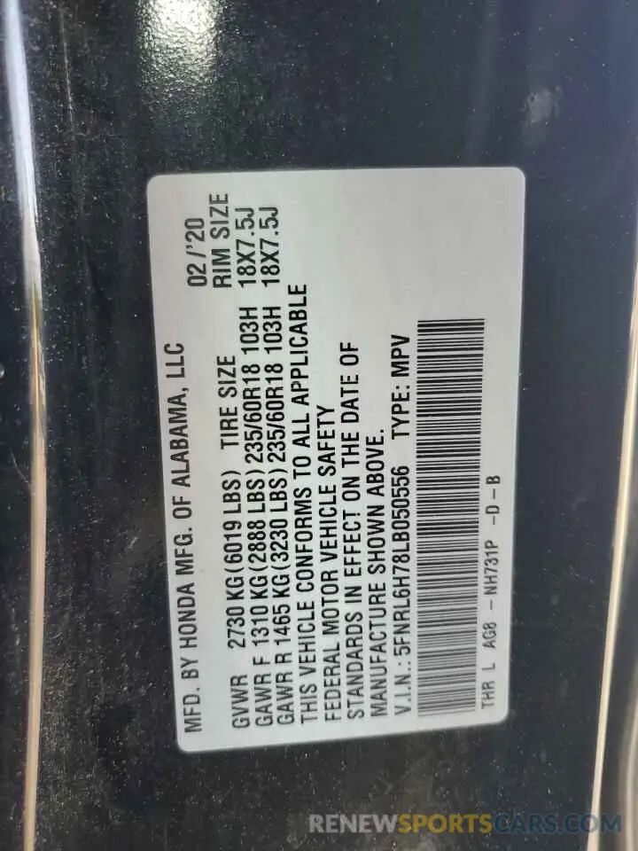 13 Photograph of a damaged car 5FNRL6H78LB050556 HONDA All Models 2020