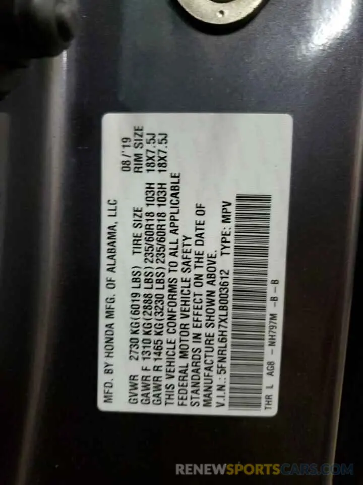 13 Фотография поврежденного автомобиля 5FNRL6H7XLB003612 HONDA All Models 2020