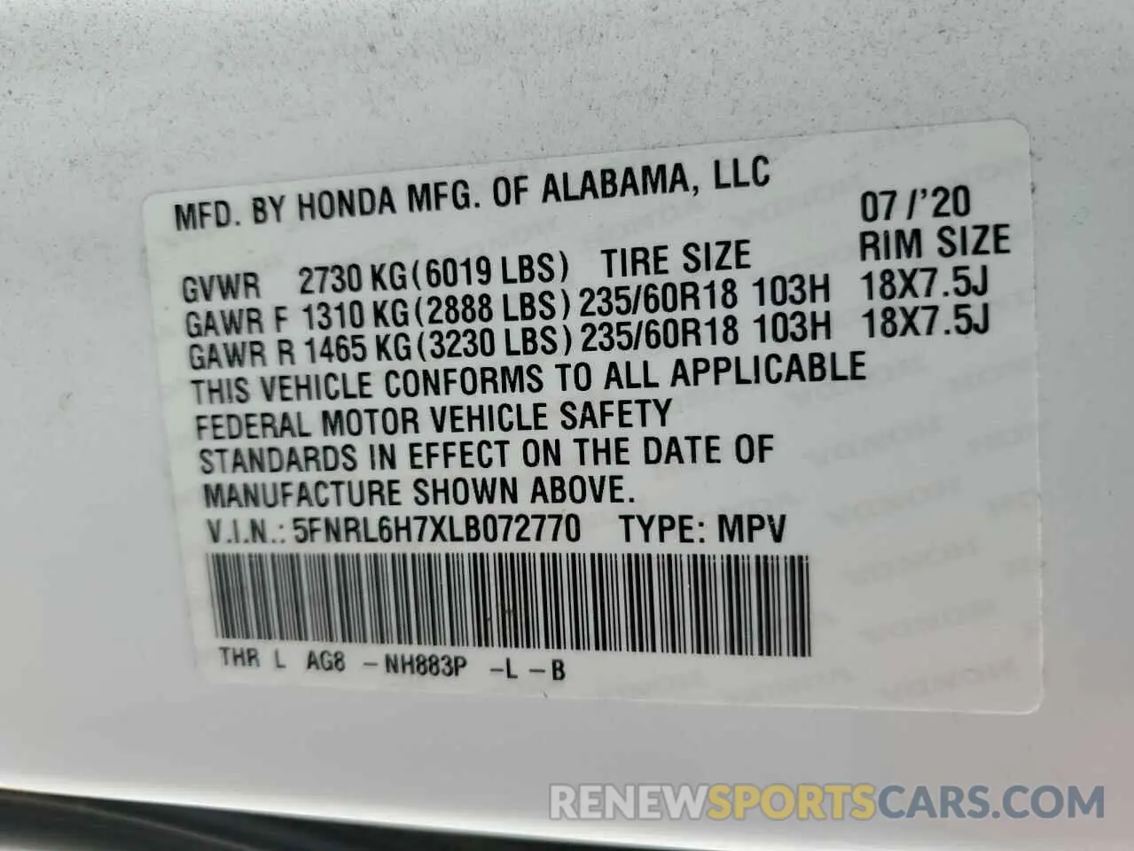 13 Photograph of a damaged car 5FNRL6H7XLB072770 HONDA All Models 2020