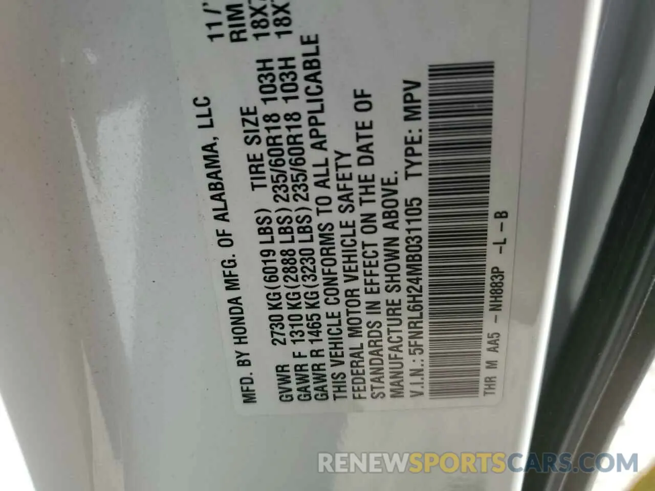 14 Photograph of a damaged car 5FNRL6H24MB031105 HONDA All Models 2021