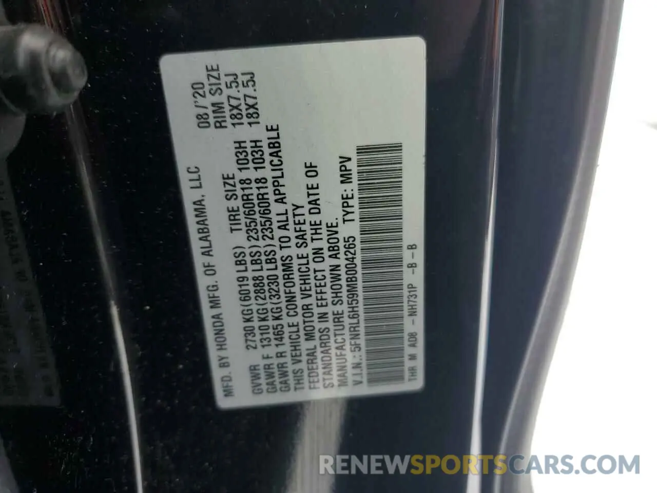13 Photograph of a damaged car 5FNRL6H59MB004265 HONDA All Models 2021