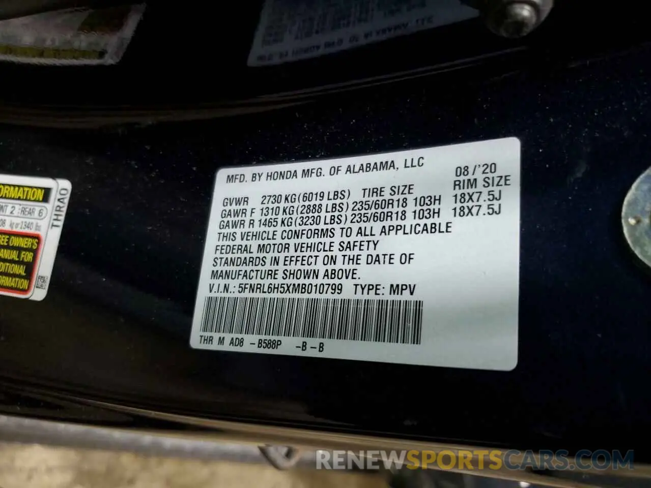 14 Photograph of a damaged car 5FNRL6H5XMB010799 HONDA All Models 2021
