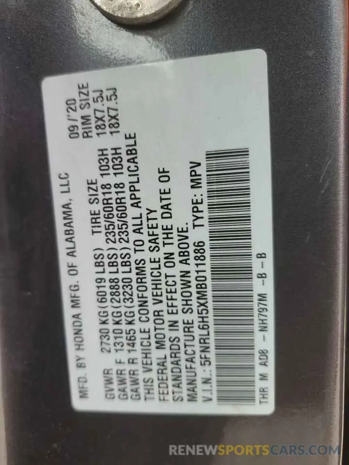13 Photograph of a damaged car 5FNRL6H5XMB011886 HONDA All Models 2021