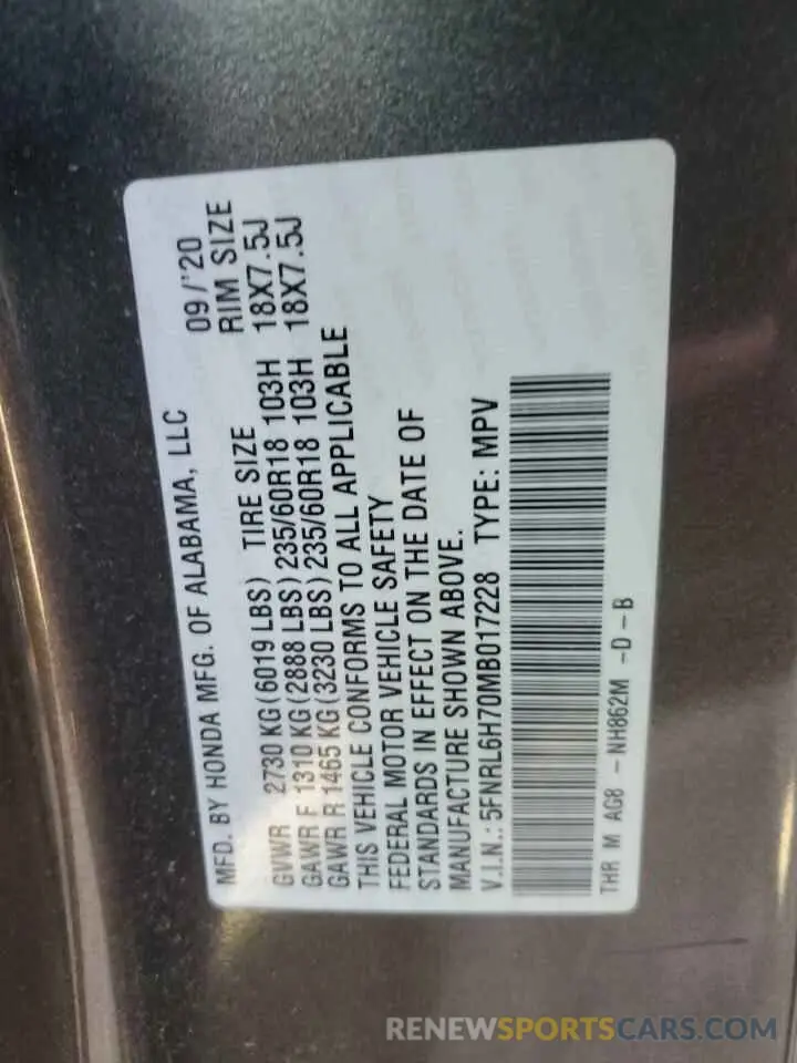 13 Фотография поврежденного автомобиля 5FNRL6H70MB017228 HONDA All Models 2021