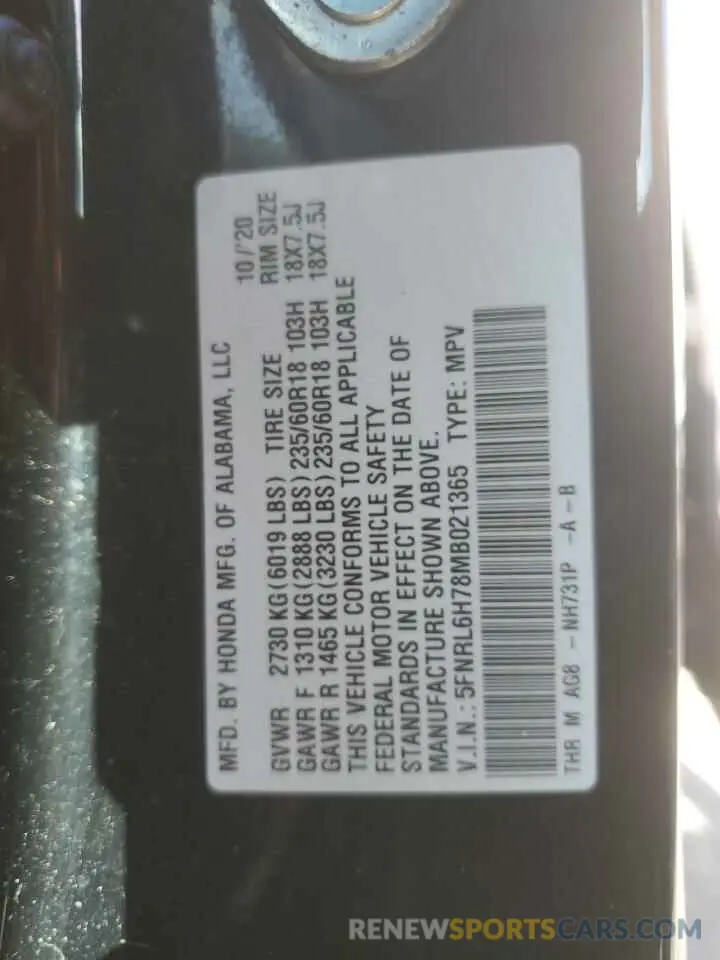 13 Фотография поврежденного автомобиля 5FNRL6H78MB021365 HONDA All Models 2021