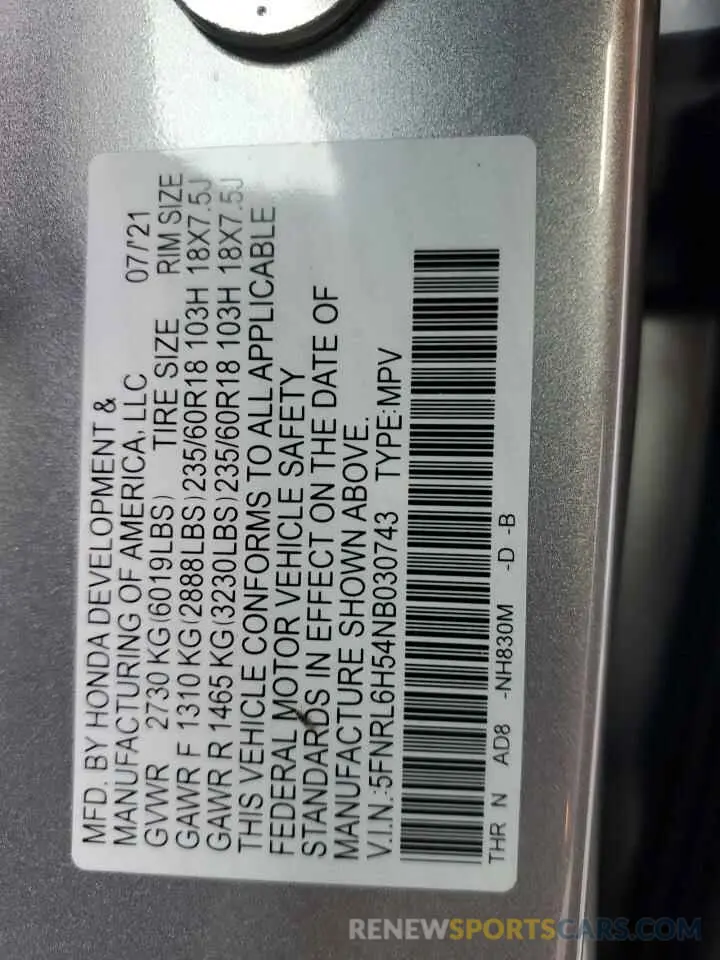 13 Photograph of a damaged car 5FNRL6H54NB030743 HONDA All Models 2022