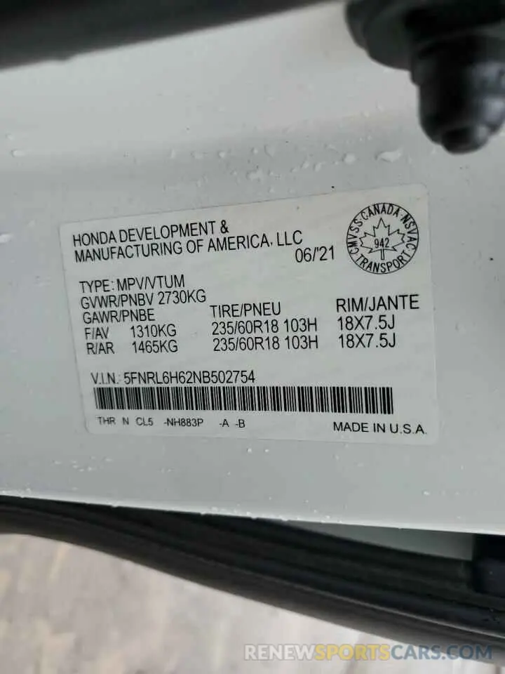 14 Фотография поврежденного автомобиля 5FNRL6H62NB502754 HONDA All Models 2022