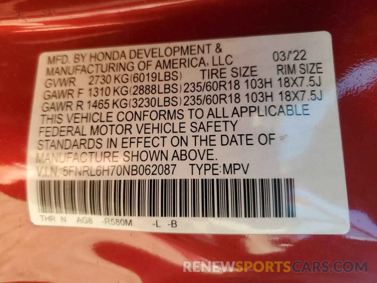 15 Photograph of a damaged car 5FNRL6H70NB062087 HONDA All Models 2022
