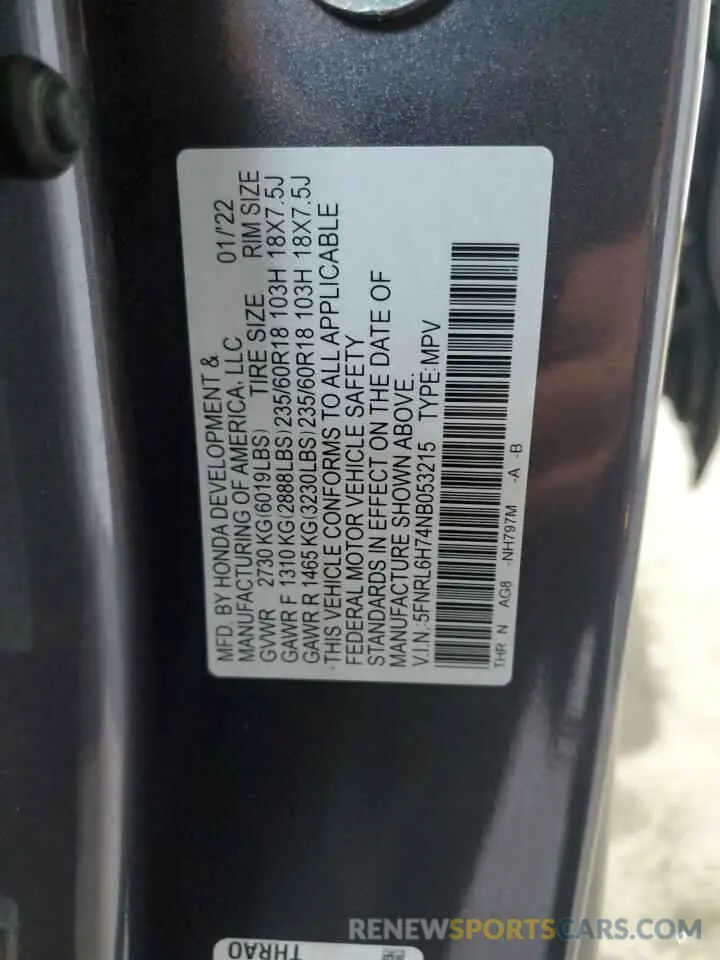 13 Photograph of a damaged car 5FNRL6H74NB053215 HONDA All Models 2022