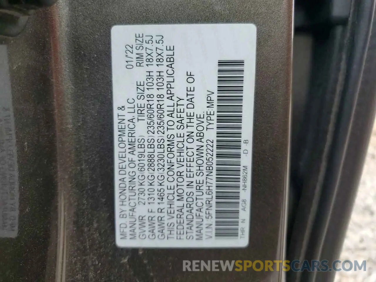 13 Фотография поврежденного автомобиля 5FNRL6H77NB052222 HONDA All Models 2022
