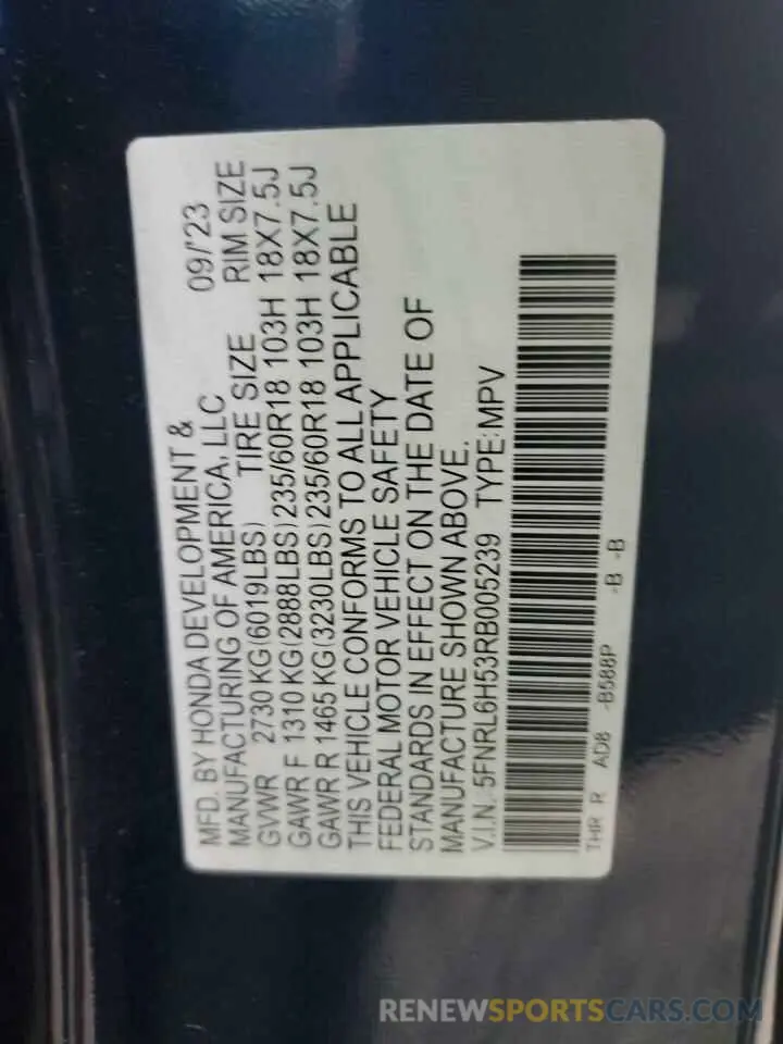 13 Фотография поврежденного автомобиля 5FNRL6H53RB005239 HONDA All Models 2024