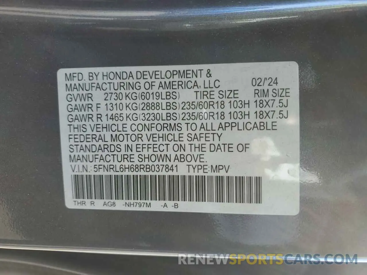 14 Фотография поврежденного автомобиля 5FNRL6H68RB037841 HONDA All Models 2024
