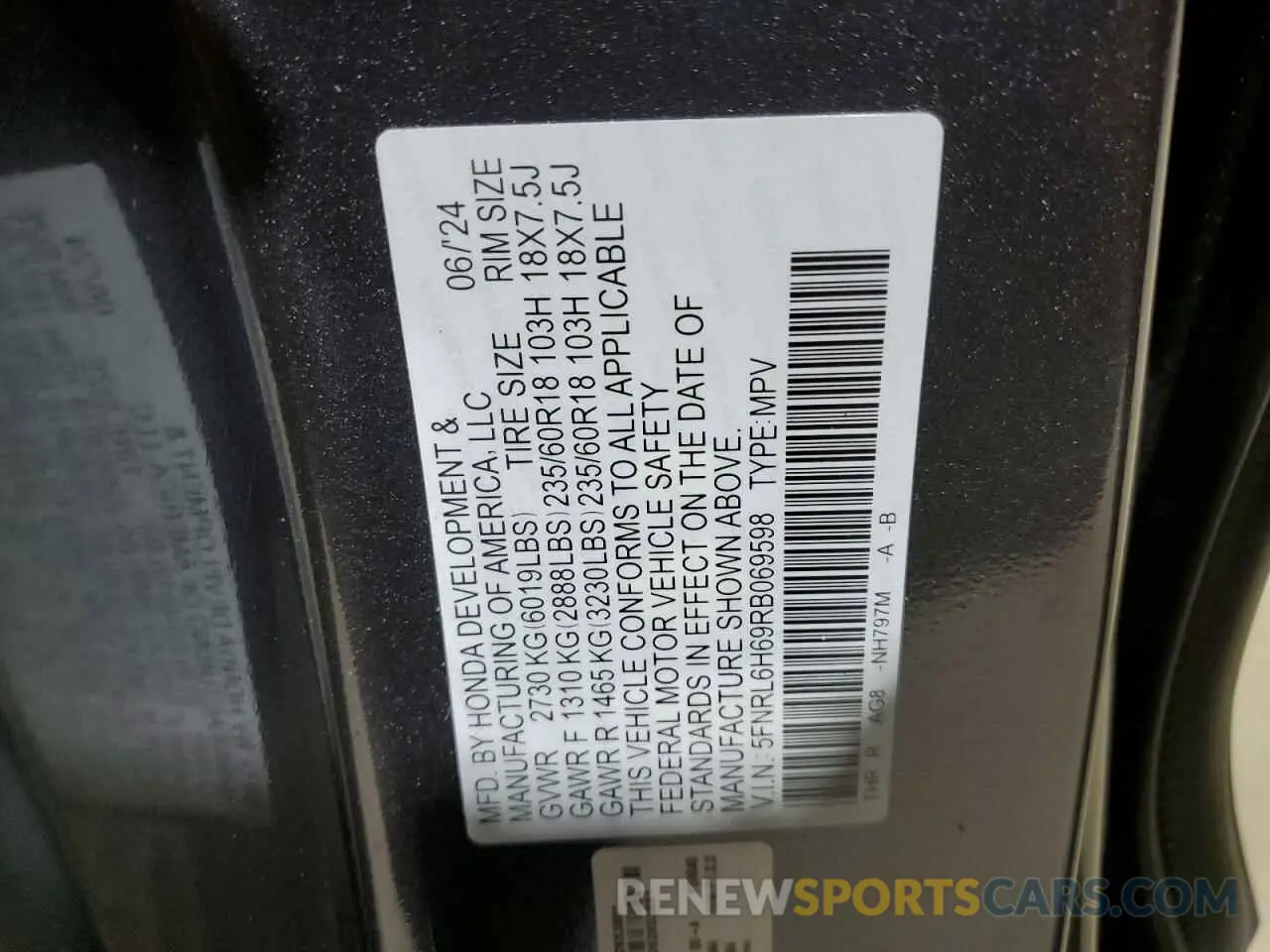 13 Photograph of a damaged car 5FNRL6H69RB069598 HONDA All Models 2024
