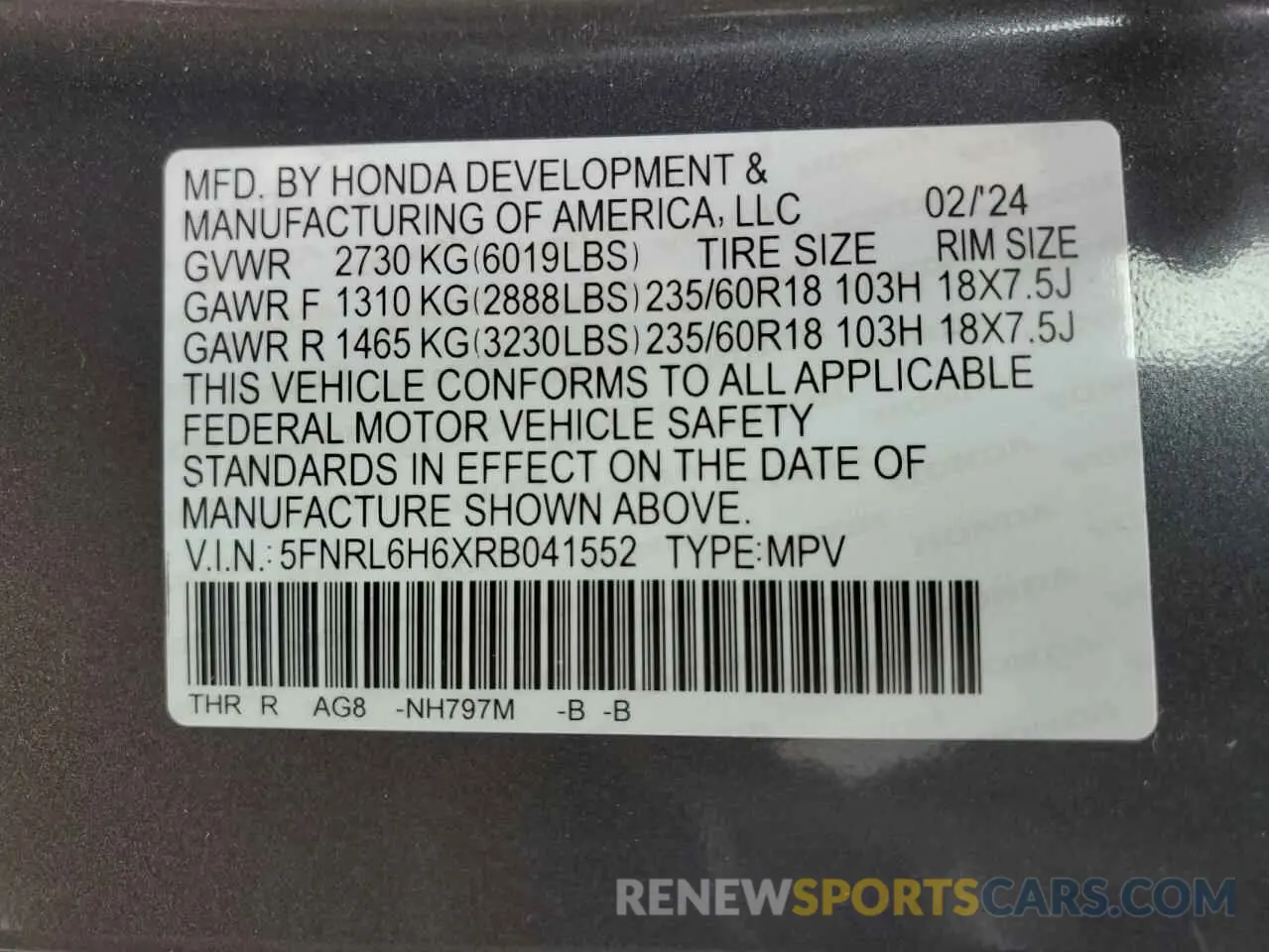 15 Фотография поврежденного автомобиля 5FNRL6H6XRB041552 HONDA All Models 2024