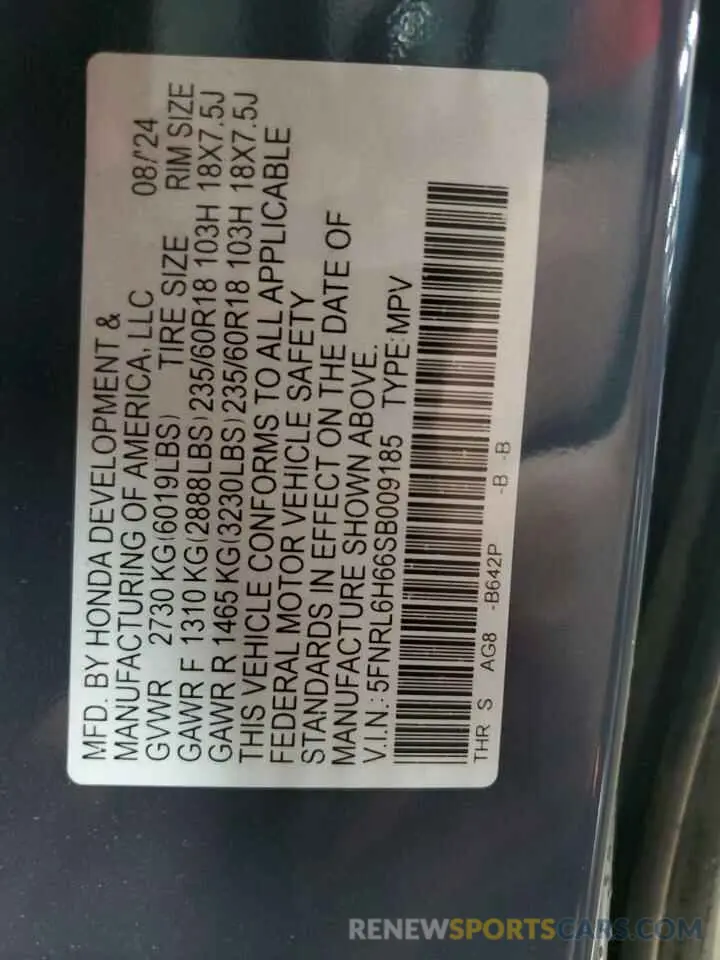 13 Фотография поврежденного автомобиля 5FNRL6H66SB009185 HONDA All Models 2025