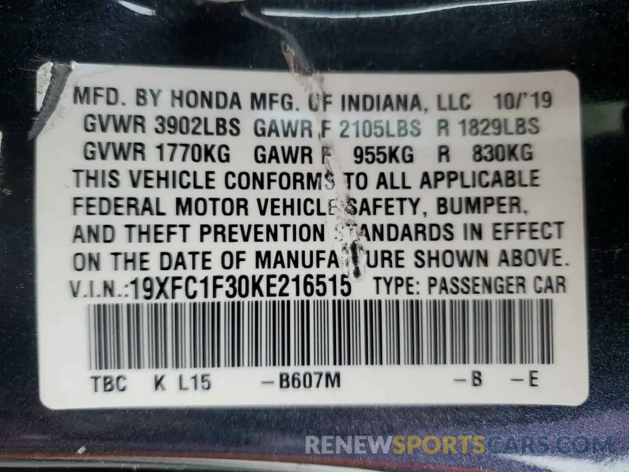 12 Photograph of a damaged car 19XFC1F30KE216515 HONDA CIVIC 2019