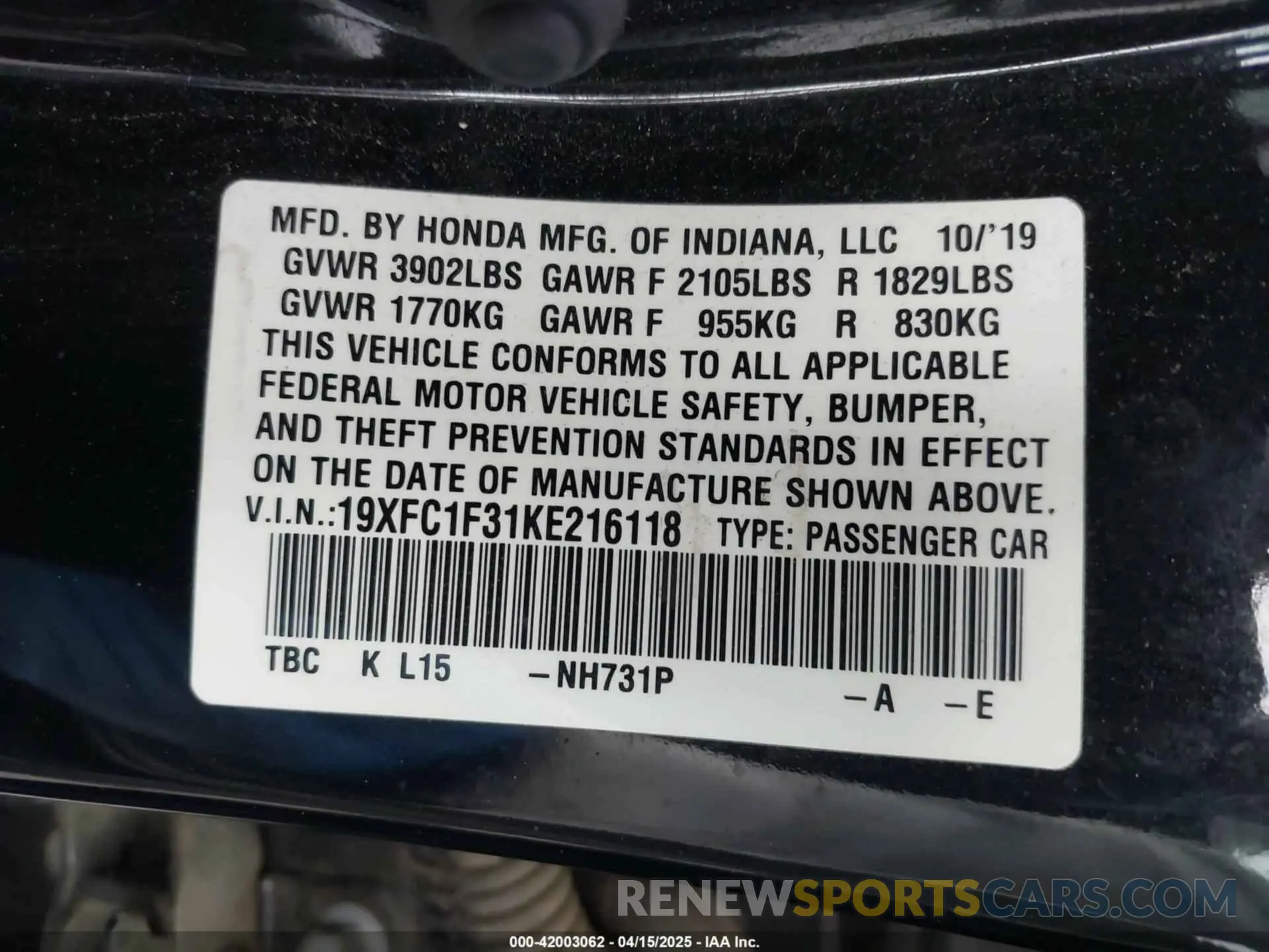 9 Photograph of a damaged car 19XFC1F31KE216118 HONDA CIVIC 2019