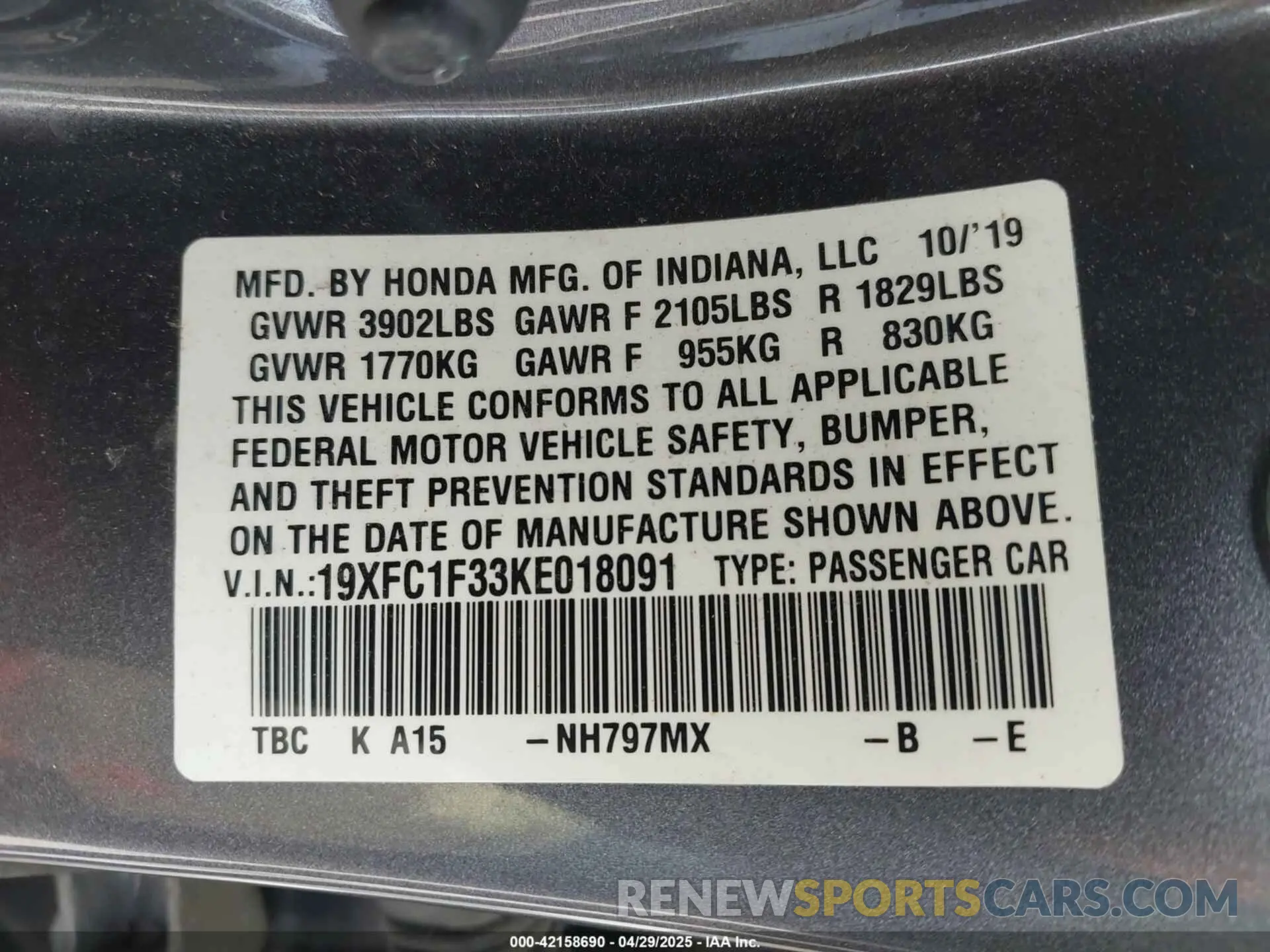 9 Фотография поврежденного автомобиля 19XFC1F33KE018091 HONDA CIVIC 2019