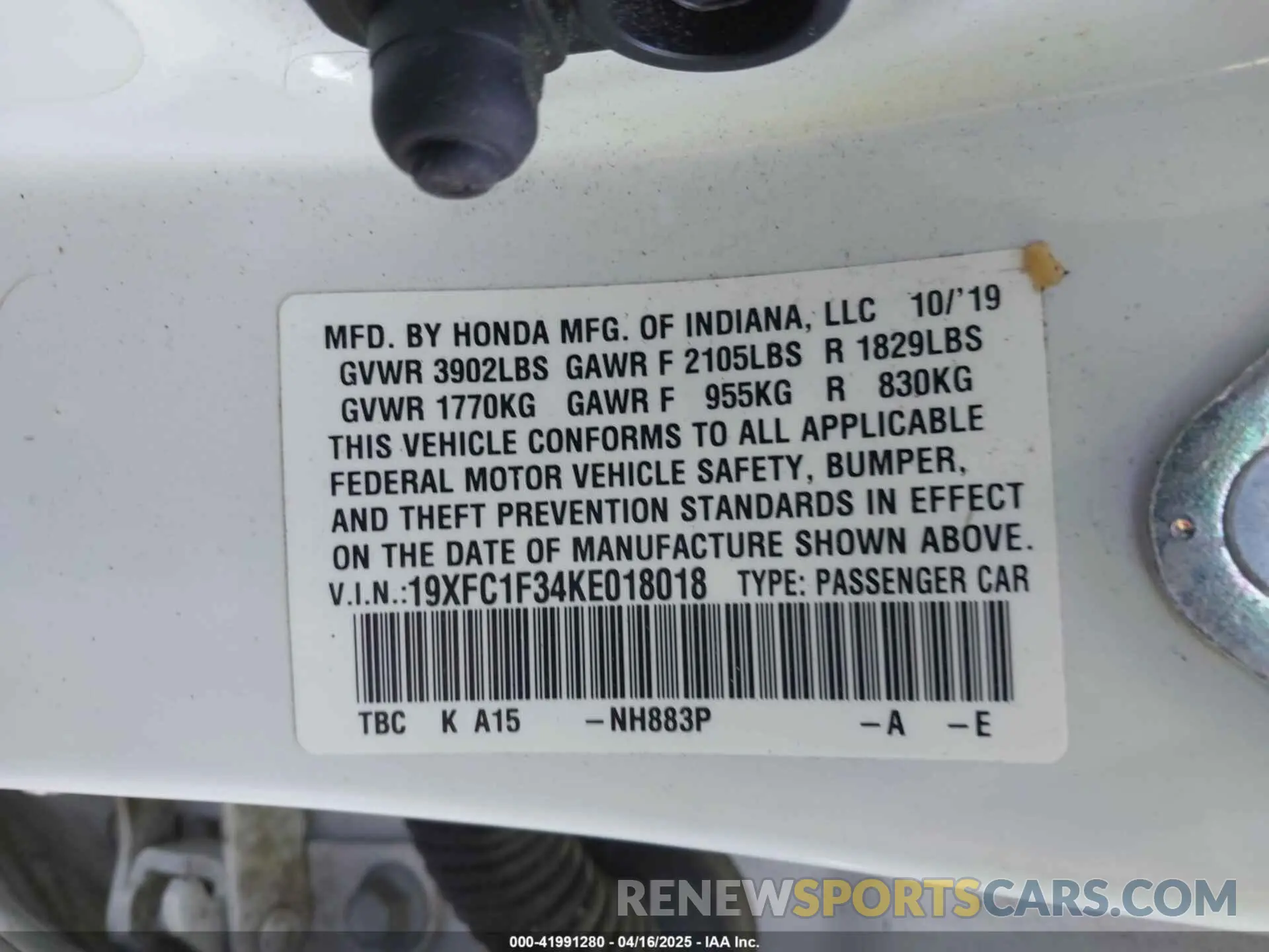 9 Photograph of a damaged car 19XFC1F34KE018018 HONDA CIVIC 2019