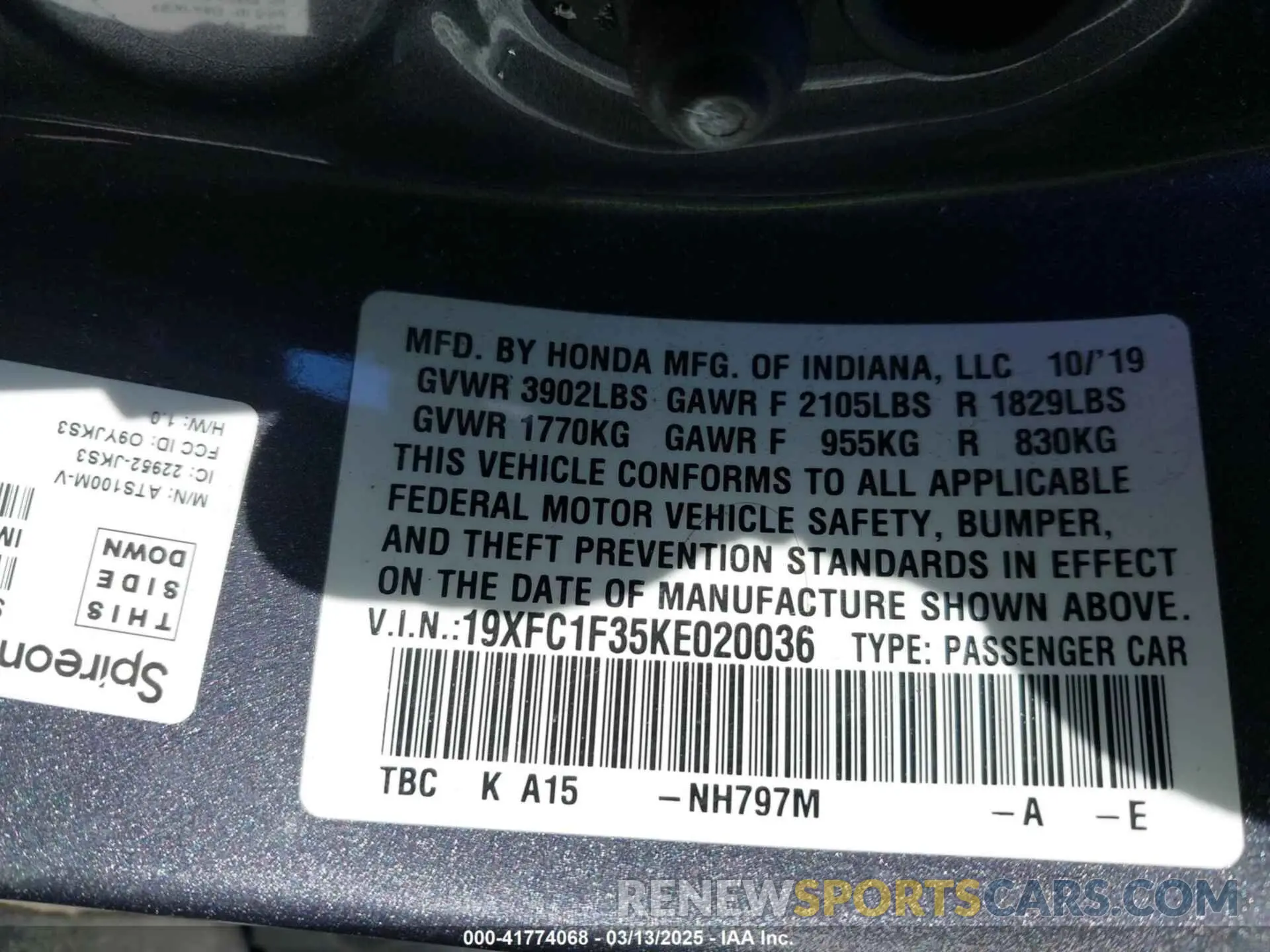 9 Photograph of a damaged car 19XFC1F35KE020036 HONDA CIVIC 2019