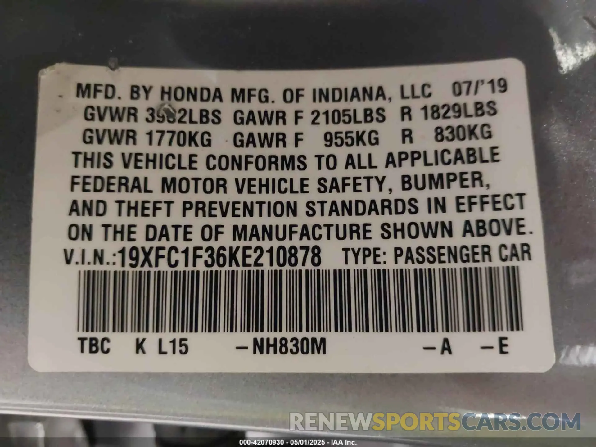 9 Photograph of a damaged car 19XFC1F36KE210878 HONDA CIVIC 2019