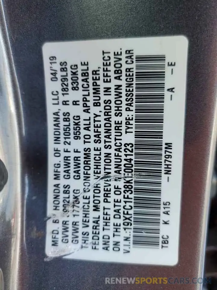 12 Photograph of a damaged car 19XFC1F38KE004123 HONDA CIVIC 2019