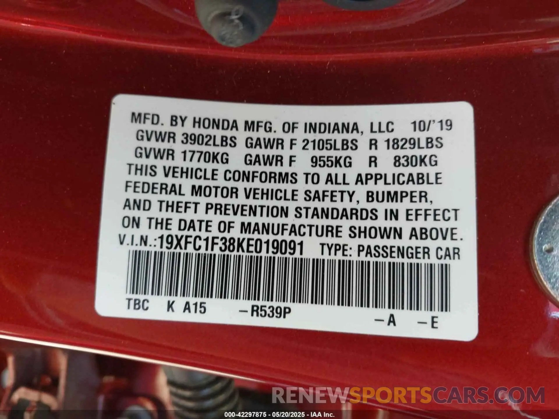 9 Photograph of a damaged car 19XFC1F38KE019091 HONDA CIVIC 2019