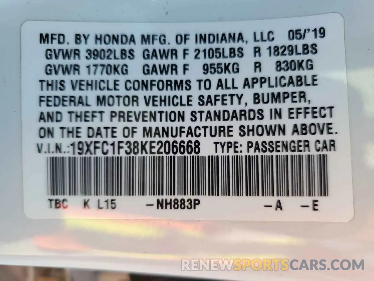 12 Photograph of a damaged car 19XFC1F38KE206668 HONDA CIVIC 2019
