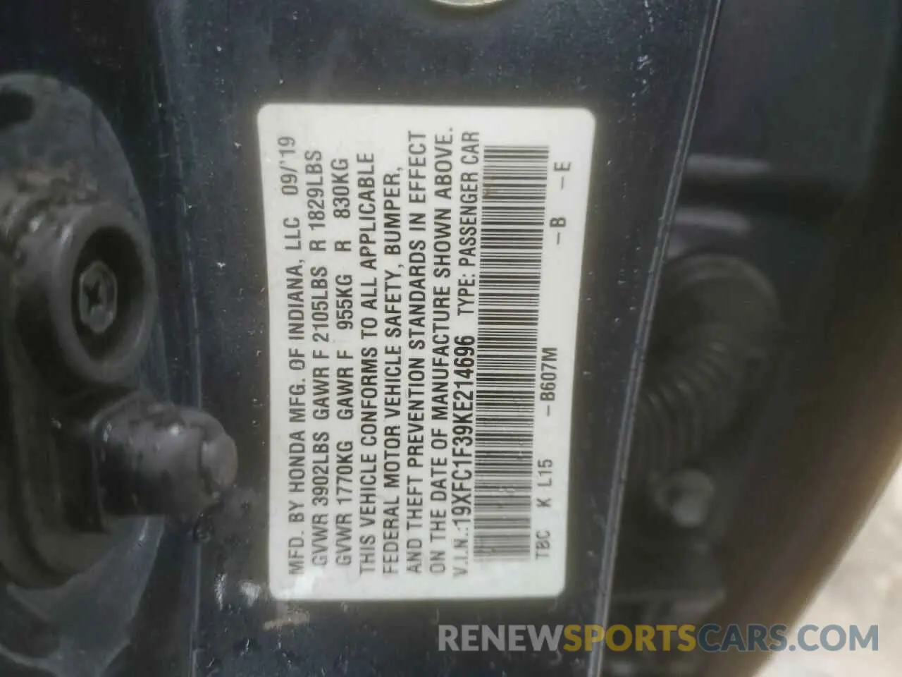 13 Фотография поврежденного автомобиля 19XFC1F39KE214696 HONDA CIVIC 2019