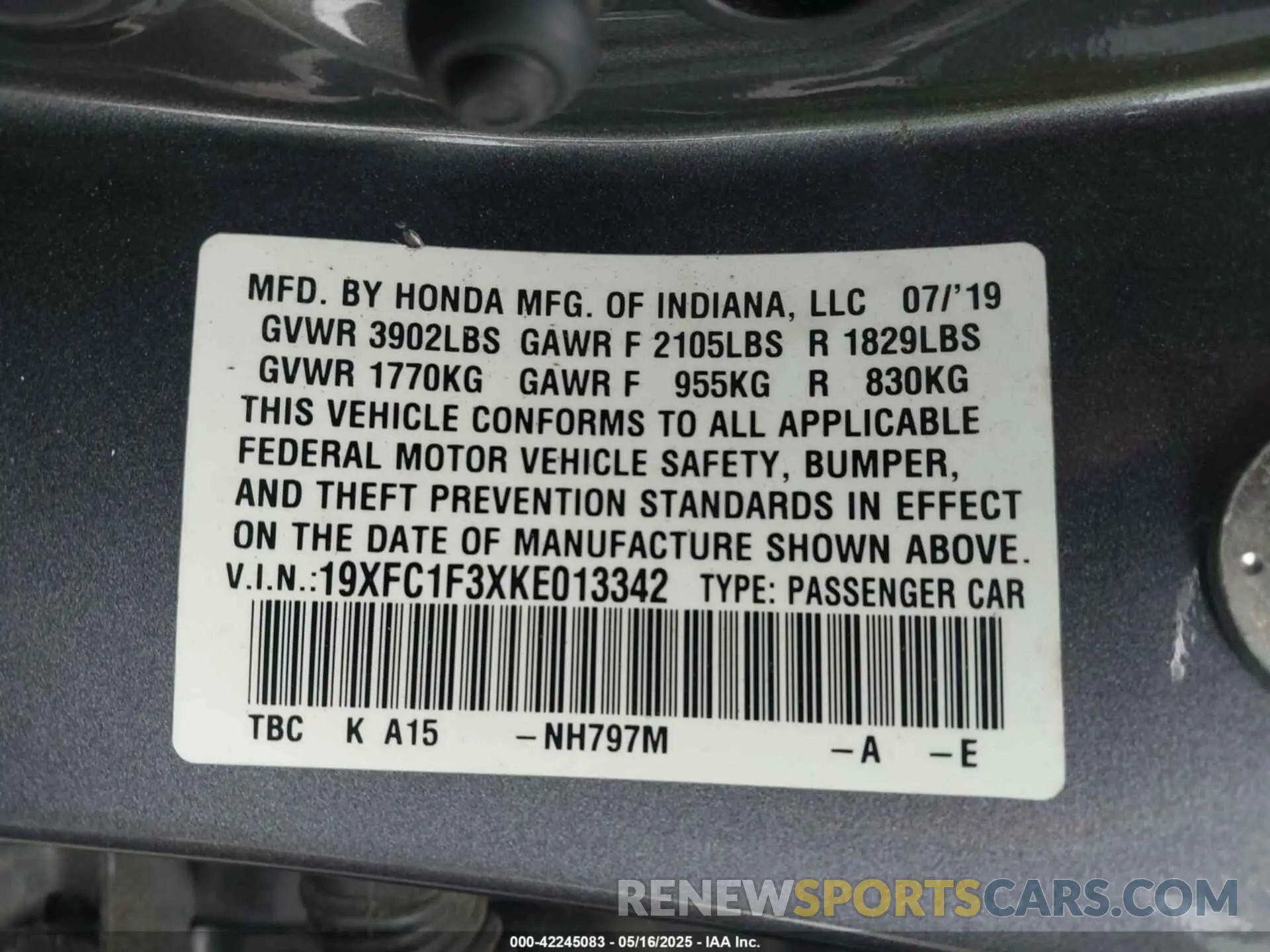 9 Photograph of a damaged car 19XFC1F3XKE013342 HONDA CIVIC 2019