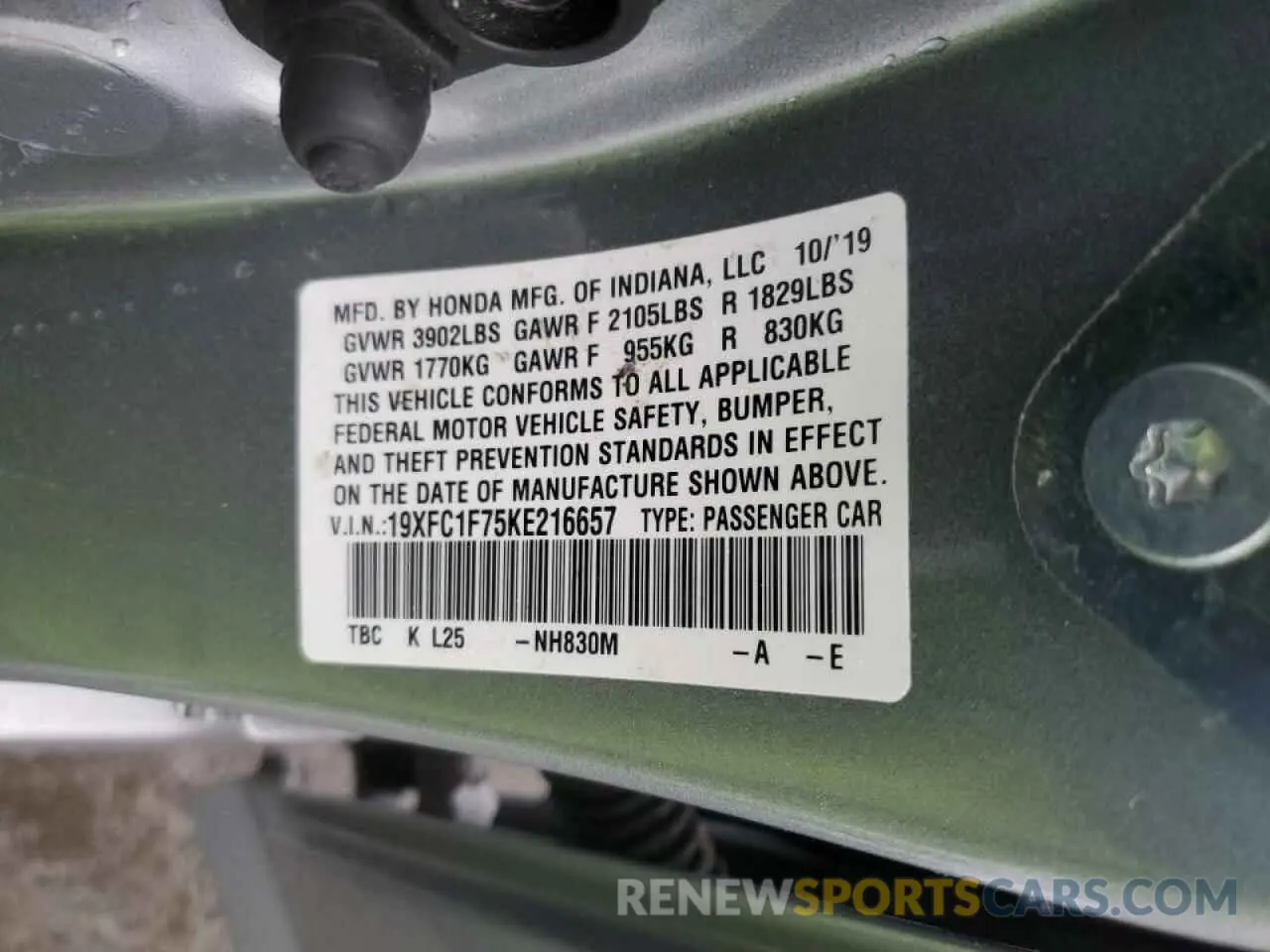 13 Photograph of a damaged car 19XFC1F75KE216657 HONDA CIVIC 2019
