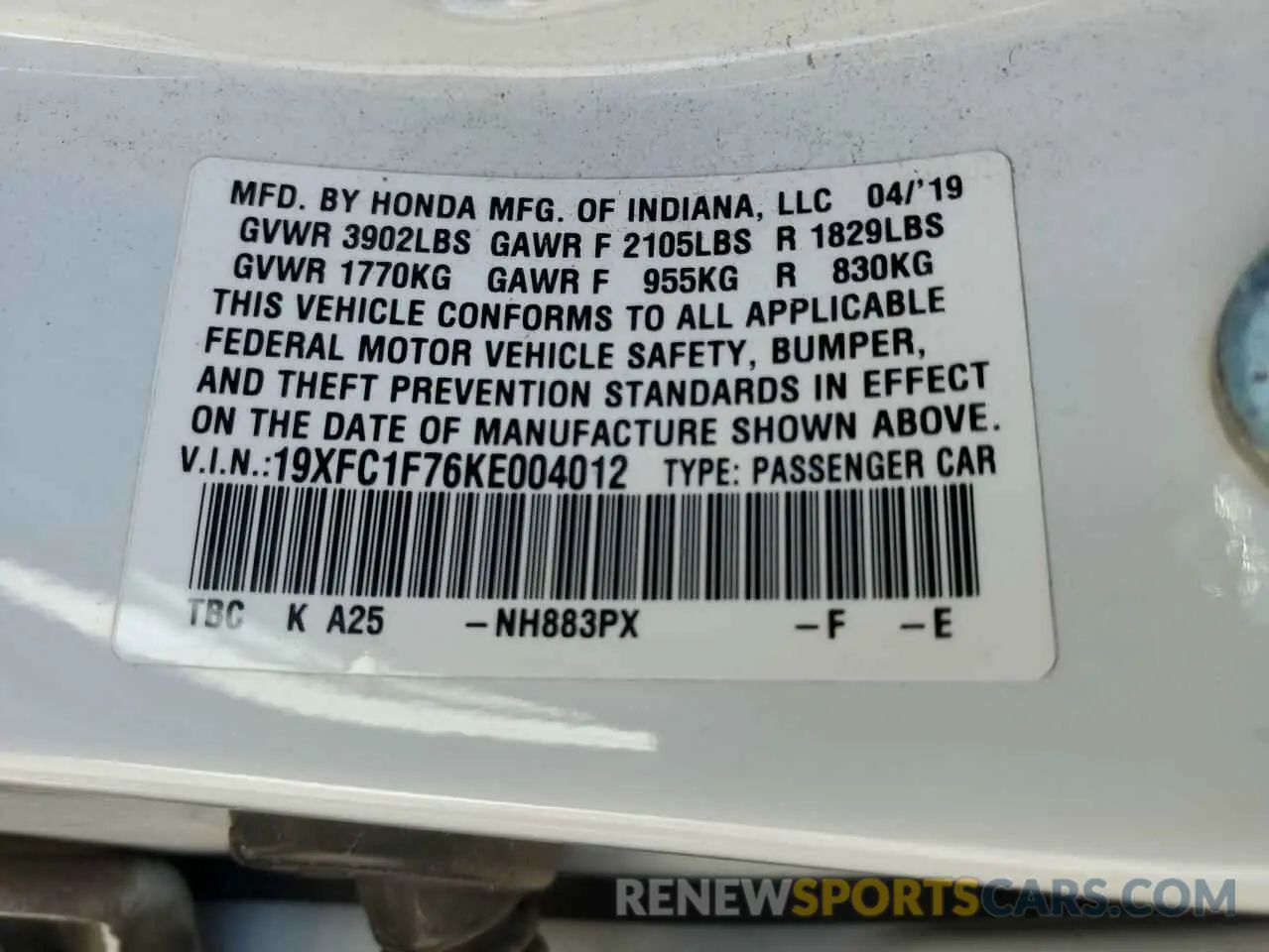 12 Photograph of a damaged car 19XFC1F76KE004012 HONDA CIVIC 2019