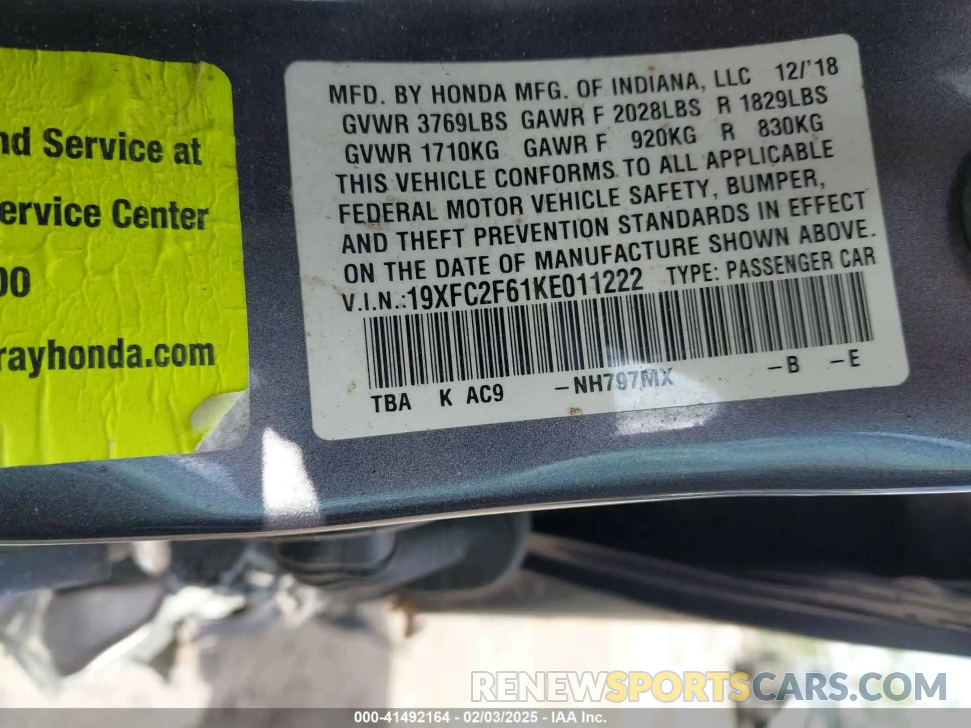 9 Photograph of a damaged car 19XFC2F61KE011222 HONDA CIVIC 2019
