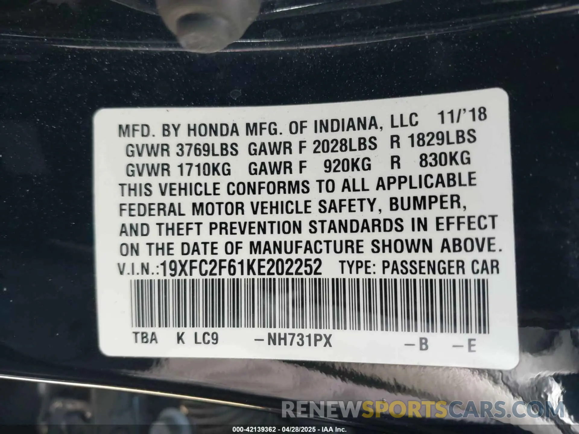 9 Photograph of a damaged car 19XFC2F61KE202252 HONDA CIVIC 2019