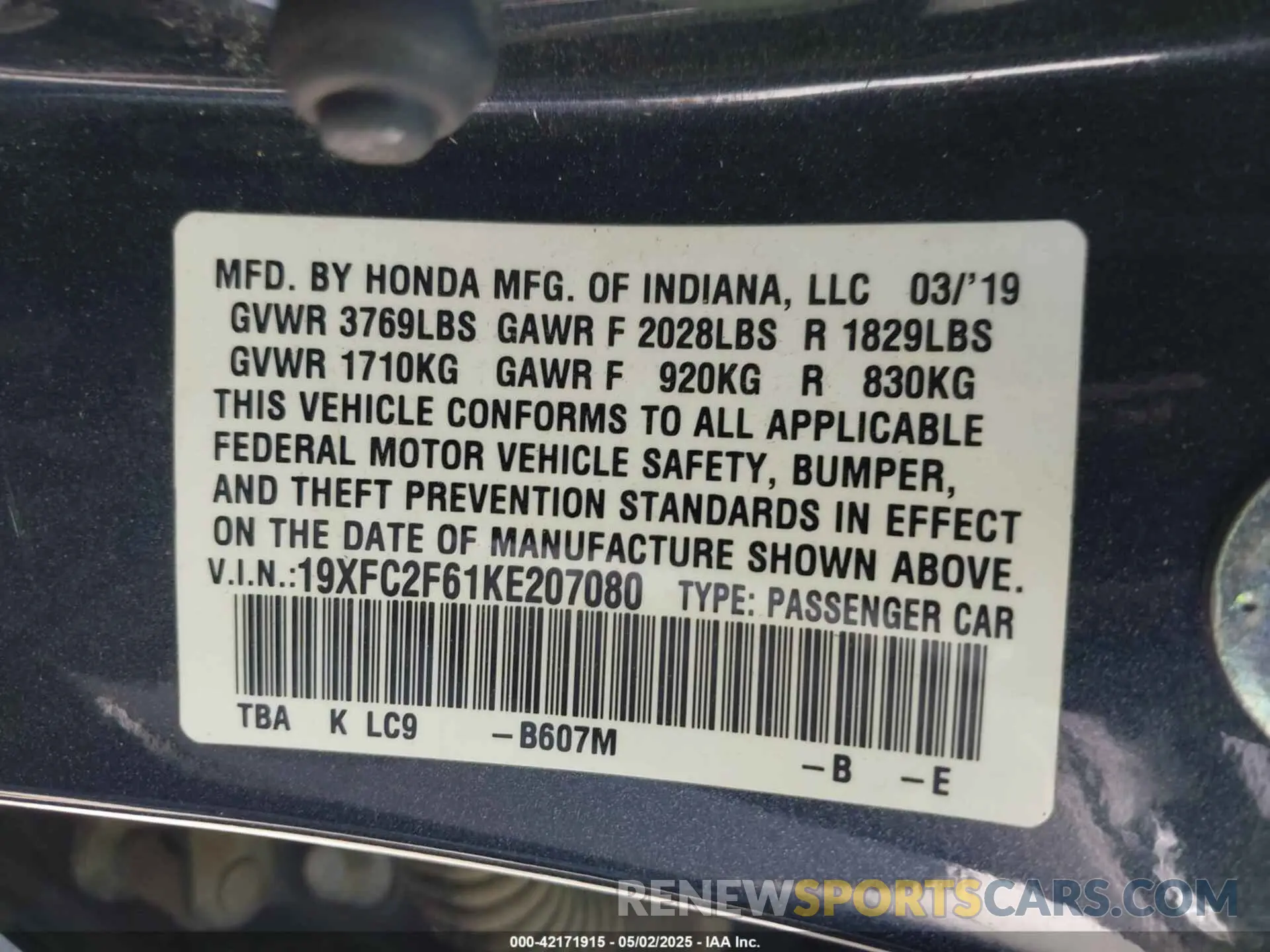 9 Photograph of a damaged car 19XFC2F61KE207080 HONDA CIVIC 2019