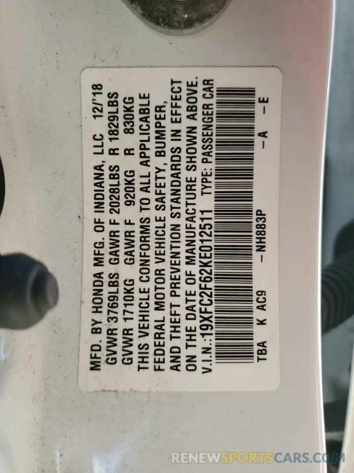 14 Photograph of a damaged car 19XFC2F62KE012511 HONDA CIVIC 2019