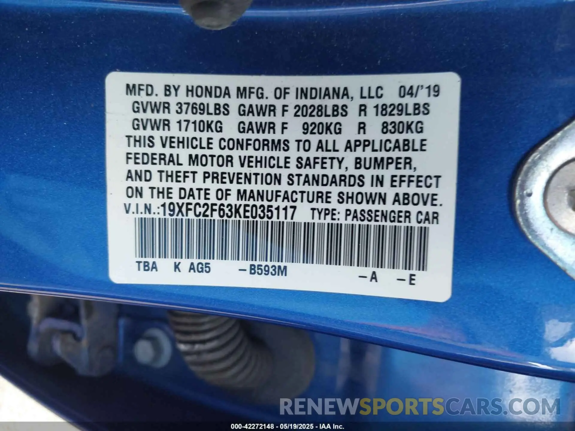 9 Photograph of a damaged car 19XFC2F63KE035117 HONDA CIVIC 2019