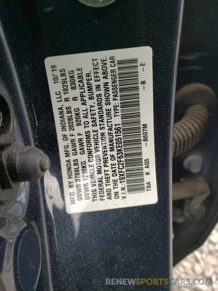 12 Photograph of a damaged car 19XFC2F63KE051561 HONDA CIVIC 2019