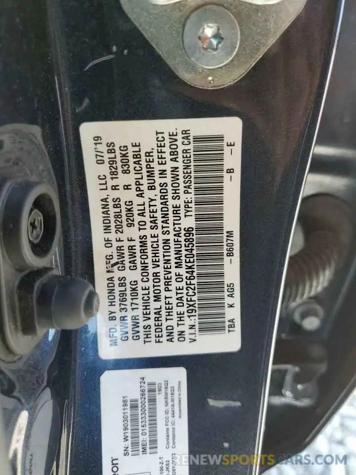 12 Фотография поврежденного автомобиля 19XFC2F64KE045896 HONDA CIVIC 2019