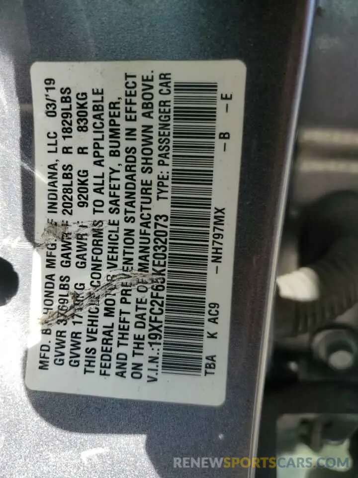12 Photograph of a damaged car 19XFC2F65KE032073 HONDA CIVIC 2019