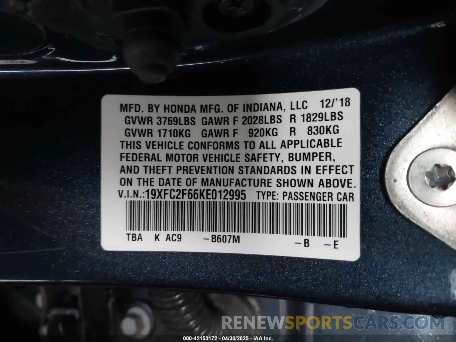 9 Photograph of a damaged car 19XFC2F66KE012995 HONDA CIVIC 2019