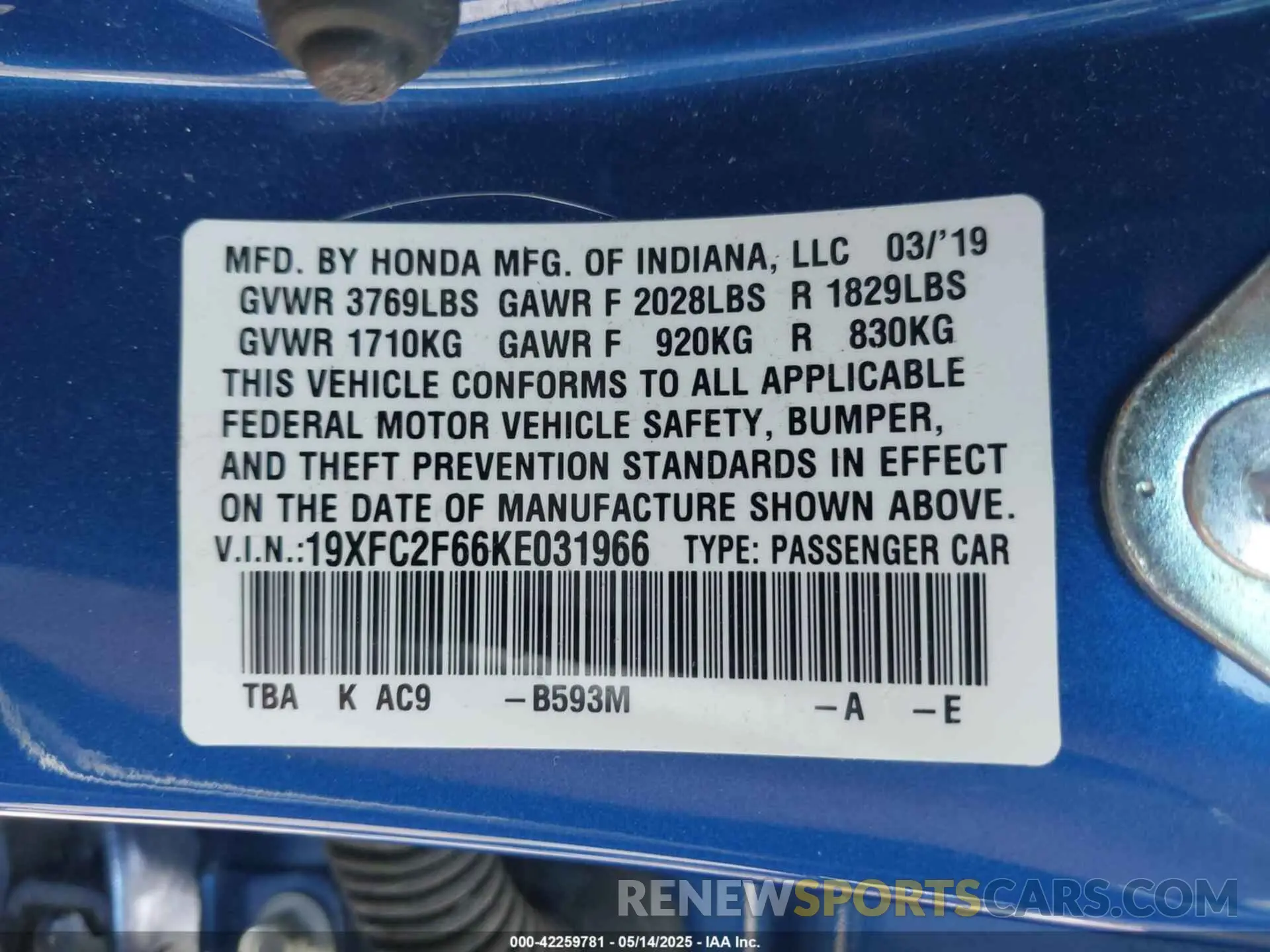 9 Photograph of a damaged car 19XFC2F66KE031966 HONDA CIVIC 2019