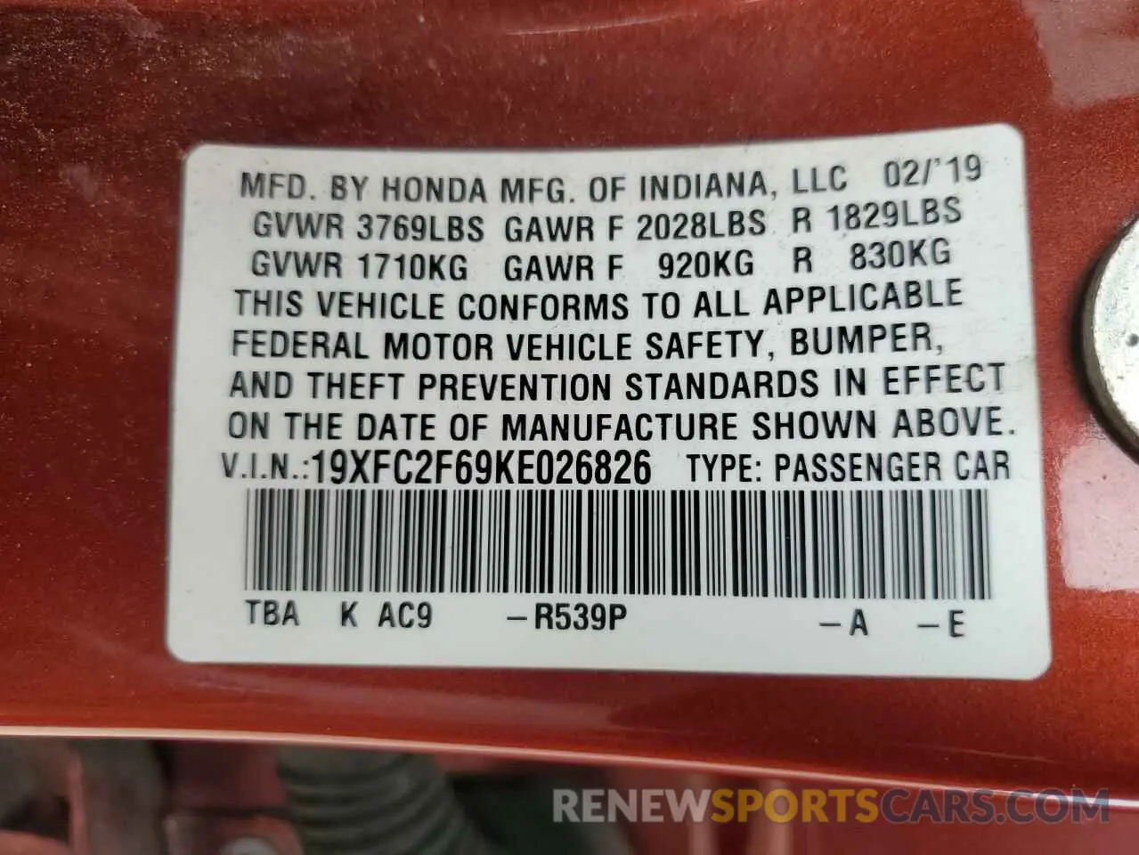 12 Photograph of a damaged car 19XFC2F69KE026826 HONDA CIVIC 2019