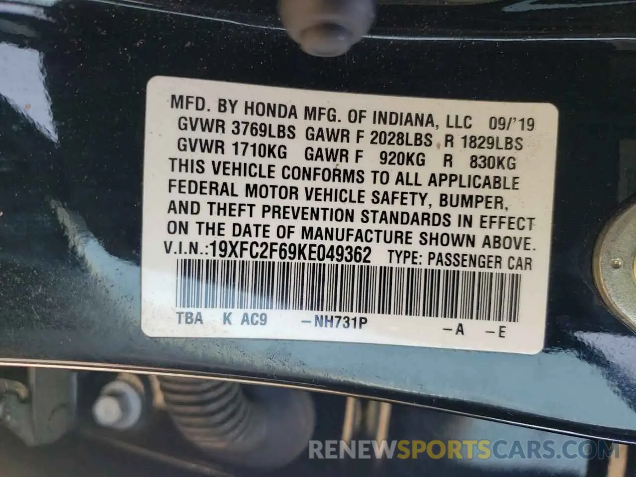 12 Photograph of a damaged car 19XFC2F69KE049362 HONDA CIVIC 2019