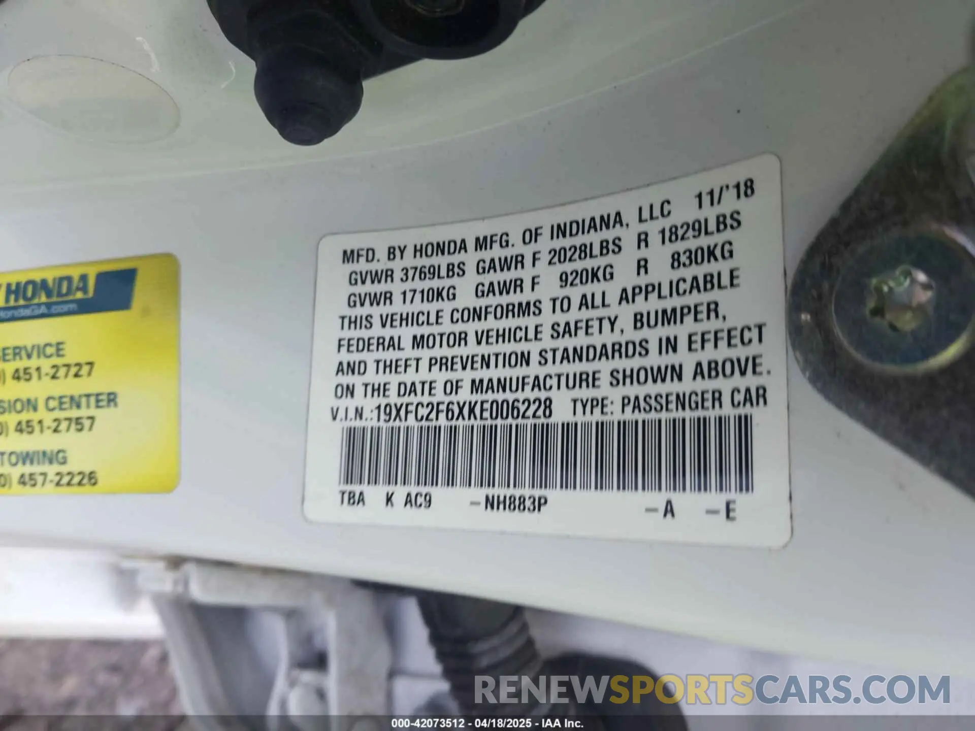 9 Фотография поврежденного автомобиля 19XFC2F6XKE006228 HONDA CIVIC 2019