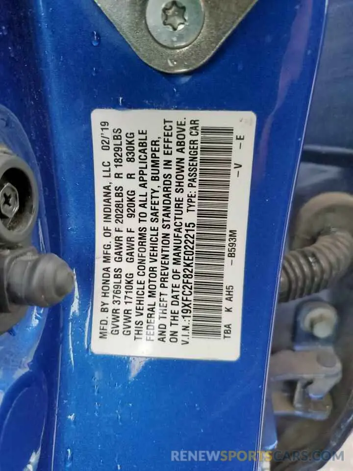 12 Photograph of a damaged car 19XFC2F82KE022215 HONDA CIVIC 2019